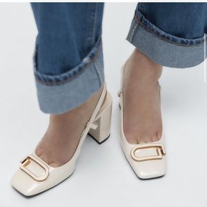 ZARA WHITE/ GOLD EMBELLISHED BLOCK-HEEL SLINGBACK SHOES